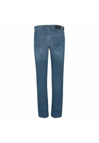 Light blue denim jeans with a straight cut, five pockets, and distinctive stitching on the back pockets. No embellishments or patterns.