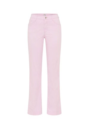 Lyserøde bukser med lige ben, forlommer, knaplukning og opsmøgede kanter, vist mod en hvid baggrund.