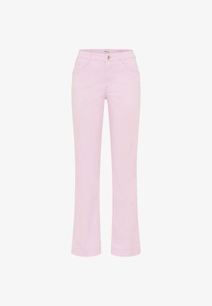 Lyserøde bukser med lige ben, forlommer, knaplukning og opsmøgede kanter, vist mod en hvid baggrund.