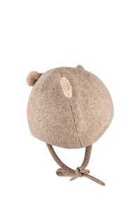 Beige felt hat with rounded shape, featuring two plush ear accents and a tie closure under the chin. Soft texture and seamless design.