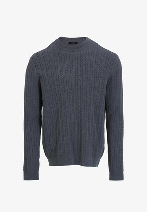 Pull en maille grise avec un col rond, fabriqué à partir d'un mélange de laine texturé. Présente des poignets et un ourlet côtelés. Design à coupe classique.