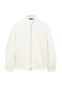 Veste bomber beige clair avec un col montant, fermeture éclair à l'avant et poches latérales. Fabriquée en tissu lisse avec des poignets et un ourlet côtelés.