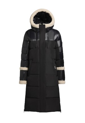 Long black puffer coat with a shiny, quilted upper and textured, cream-colored faux fur trim around the hood and cuffs.
