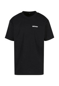 Schwarzes Baumwoll-T-Shirt mit Rundhalsausschnitt, kurzen Ärmeln und einem kleinen weißen "DEFSHOP"-Logo auf der oberen linken Seite.