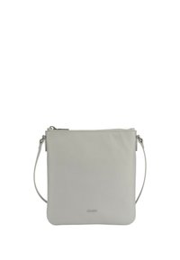 Borsa a tracolla in pelle grigio chiaro con una superficie liscia, chiusura con zip e una fascia sottile e regolabile. Presenta un design minimalista.