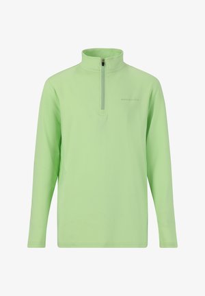Lysegrønt kvart-længde pullover lavet af blødt stof; har lange ærmer og en lille lynlås ved halsen. Diskret branding på brystet.