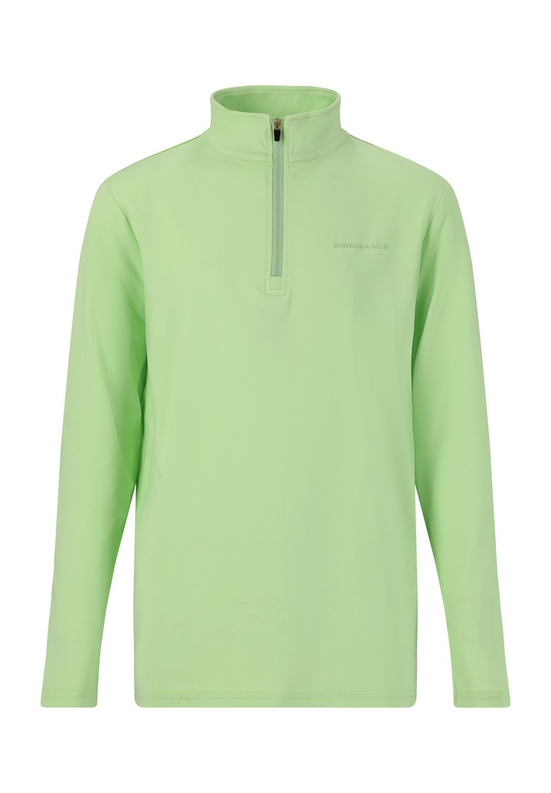 Ljusgrön kvartslång zip-pullor i mjukt tyg; har långa ärmar och en liten dragkedja vid halsringningen. Diskret logotyp på bröstet.