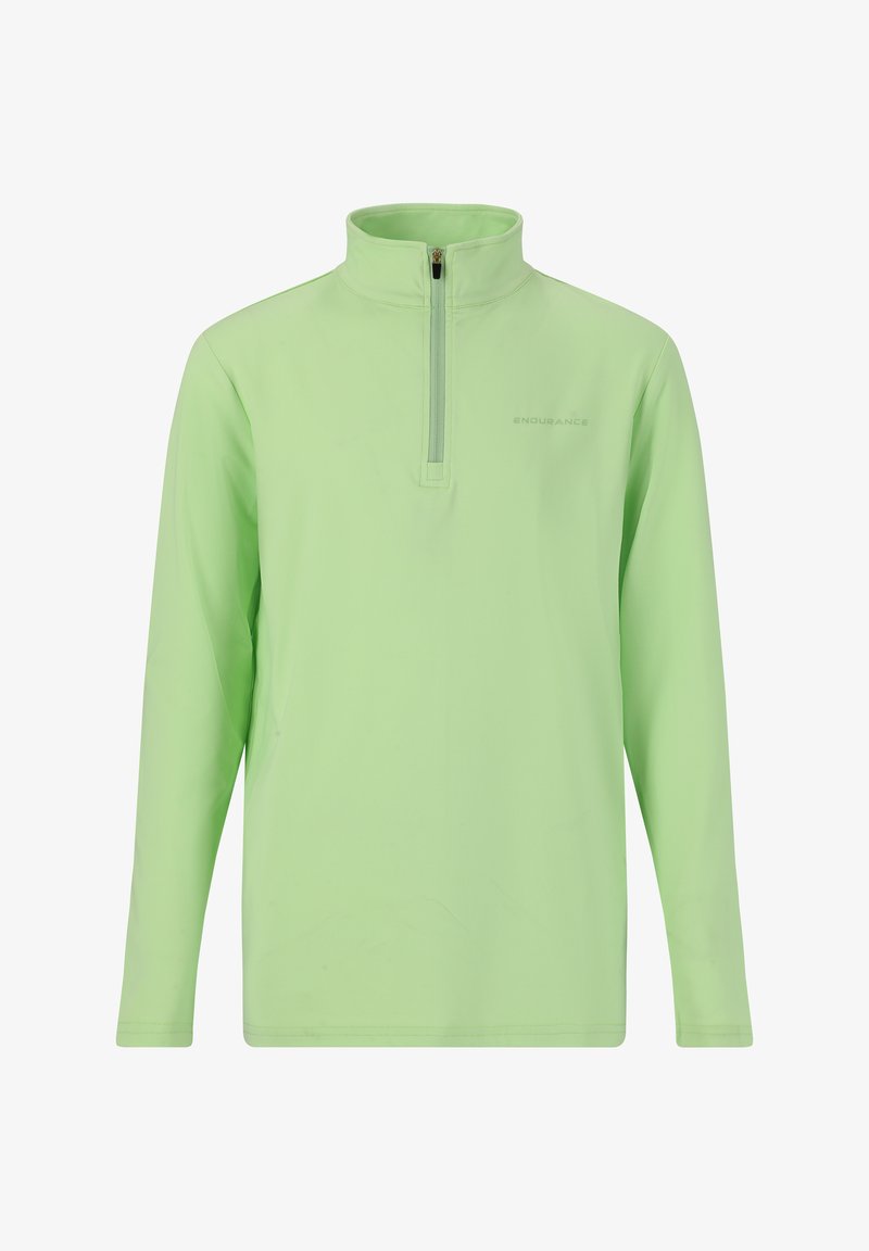Pullover verde chiaro a mezza zip realizzato in tessuto morbido; presenta maniche lunghe e una piccola cerniera al collo. Branding discreto sul petto.