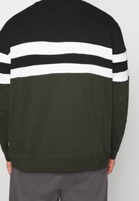 Felpa con un design a righe nero, bianco e verde oliva; materiale in cotone, collo rotondo, polsini e orlo a costine.