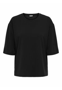 Svart kortärmad t-shirt med lös passform, rund halsringning, tillverkad av mjukt tyg med slät yta och minimalistisk design.