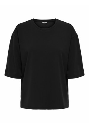 Crna kratka majica s kratkim rukavima, slobodnog kroja, s okruglim izrezom, napravljena od mekog materijala, s glatkom teksturom i minimalističkim dizajnom.