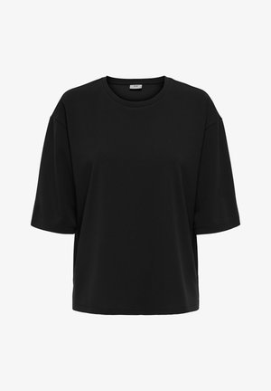 Crna kratka majica s kratkim rukavima, slobodnog kroja, s okruglim izrezom, napravljena od mekog materijala, s glatkom teksturom i minimalističkim dizajnom.