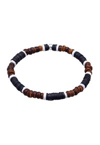 Pulsera de cuentas que presenta discos de madera marrón y de goma negra, intercalados con acentos blancos y un cierre de plata. Diseño circular.