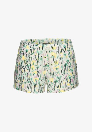 Bermudas con estampado floral en color crema, con acentos en verde, amarillo y rosa, cinturilla elástica con cordón de ajuste y dos bolsillos laterales.