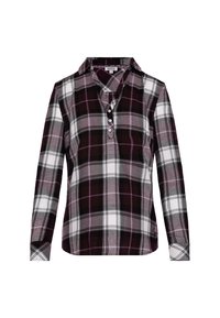 Long-sleeve plaid shirt in dark purple, white, and grey. Features a button-down collar, three buttons, and a relaxed fit.