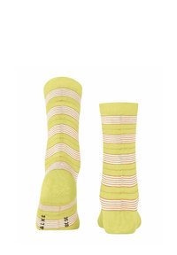 Hellgrüne Socken mit horizontalen weißen und orangefarbenen Streifen, gerippten Bündchen, verstärkten Zehen und einer glatten, baumwollartigen Textur.