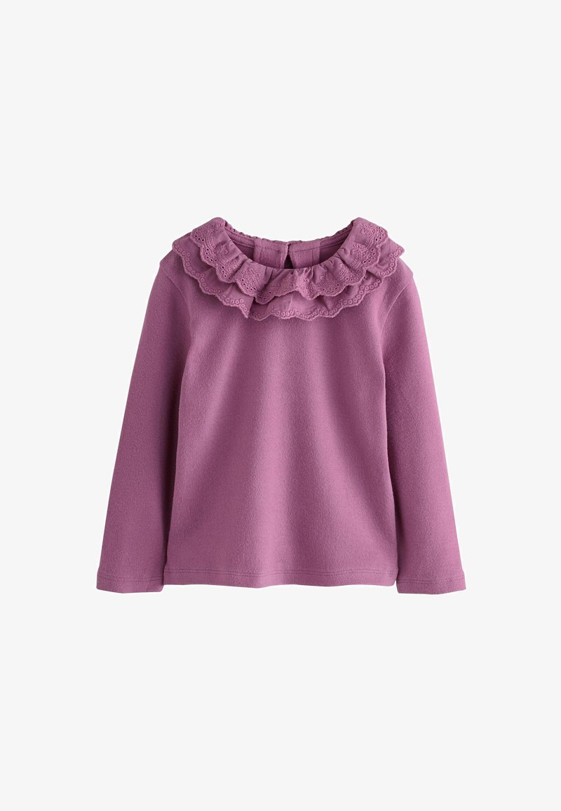 Long-sleeve lavender top with a double-layered scalloped lace collar and a small back button closure.