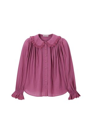 Lichtpaarse blouse met lange mouwen, knopen aan de voorkant, geplooide stof, ronde kraag en kanten randje aan kraag en manchetten.