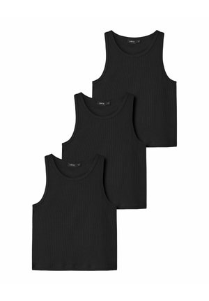Trois débardeurs noirs unis côtelés sans manches avec encolures rondes, disposés en chevauchement sur un fond blanc.