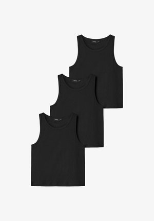 Three plain black sleeveless ribbed tank tops with round necklines, laid out overlapping on a white background.