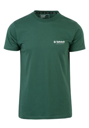Groene katoenen T-shirt met een klassieke ronde hals. Voorzien van een klein wit logo op de linkerkant van de borst en korte mouwen. Glad textuur.
