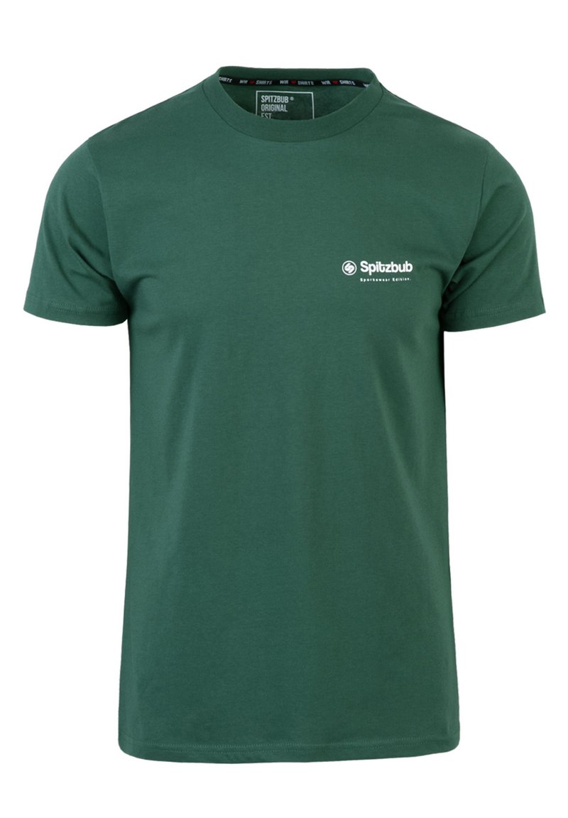 Groene katoenen T-shirt met een klassieke ronde hals. Voorzien van een klein wit logo op de linkerkant van de borst en korte mouwen. Glad textuur.