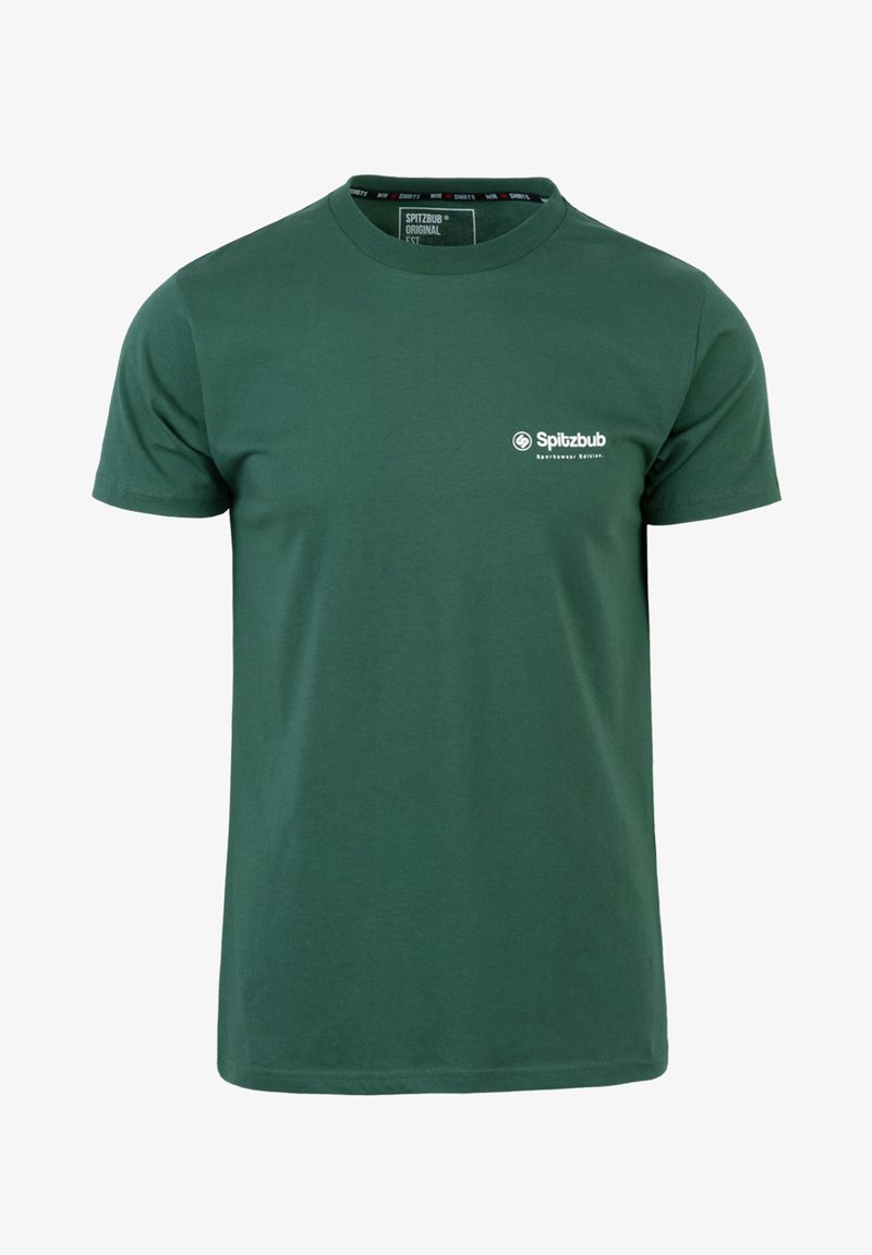 Groene katoenen T-shirt met een klassieke ronde hals. Voorzien van een klein wit logo op de linkerkant van de borst en korte mouwen. Glad textuur.