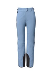 Pantalons de ski bleu clair avec taille ajustable, poches zippées et accents noirs en bas. Fabriqués en matériau imperméable.