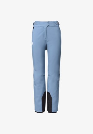 Pantalons de ski bleu clair avec taille ajustable, poches zippées et accents noirs en bas. Fabriqués en matériau imperméable.