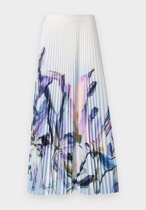 Λευκή πλισέ φούστα με φαρδιά ζώνη στη μέση και μεγάλο αφηρημένο λουλουδένιο σχέδιο σε αποχρώσεις του μοβ, μπλε, ροζ και πράσινου.