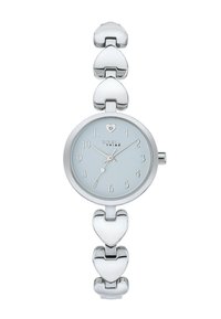 Montre-bracelet en argent avec un cadran rond et un fond bleu clair. Le bracelet est composé de maillons en forme de cœur. Les chiffres de 1 à 12 sont marqués en argent.