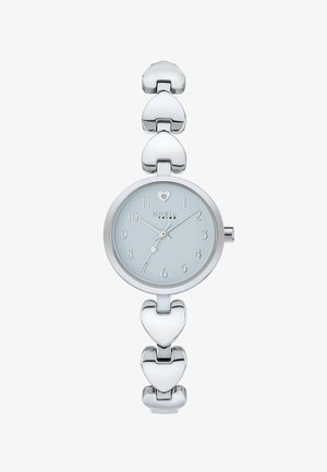 Orologio da polso argento con quadrante rotondo e fondo azzurro chiaro. Il bracciale presenta maglie a forma di cuore. I numeri da 1 a 12 sono contrassegnati in argento.
