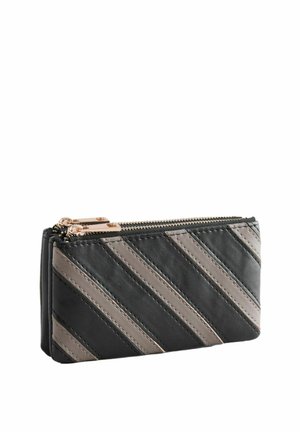 Black and gray striped leather zippered wallet with two gold zipper pulls, shown at an angle on a white background.