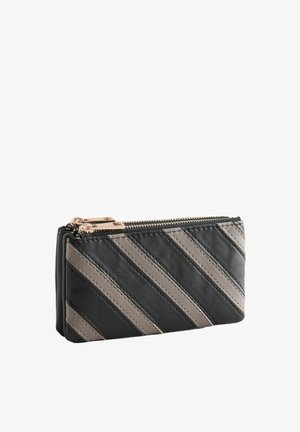 Black and gray striped leather zippered wallet with two gold zipper pulls, shown at an angle on a white background.