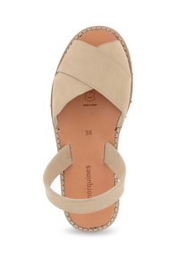 Beige semišové sandály na klínku s designem křížového pásu, koženou stélkou a prošívanými okraji, s gumovou podrážkou pro větší odolnost. Velikost 38.