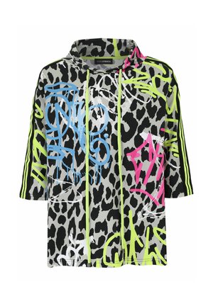 Kurzärmeliges Kapuzenoberteil mit Leopardenmuster in Grau, akzentuiert mit neongrünen, pinken und blauen graffitiähnlichen Designs.