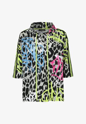 Kurzärmeliges Kapuzenoberteil mit Leopardenmuster in Grau, akzentuiert mit neongrünen, pinken und blauen graffitiähnlichen Designs.