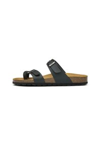 Black vegan leather slide sandal with two adjustable straps, cork footbed, and textured black rubber sole.