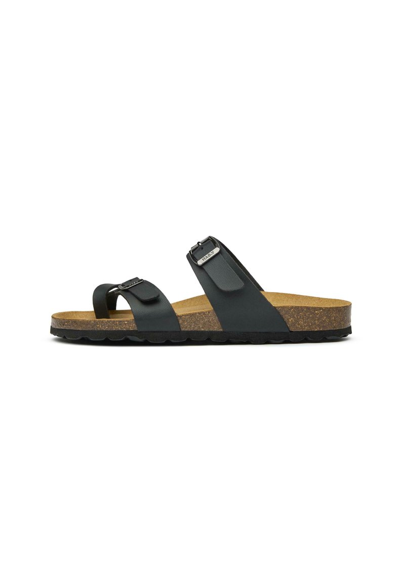 Black vegan leather slide sandal with two adjustable straps, cork footbed, and textured black rubber sole.