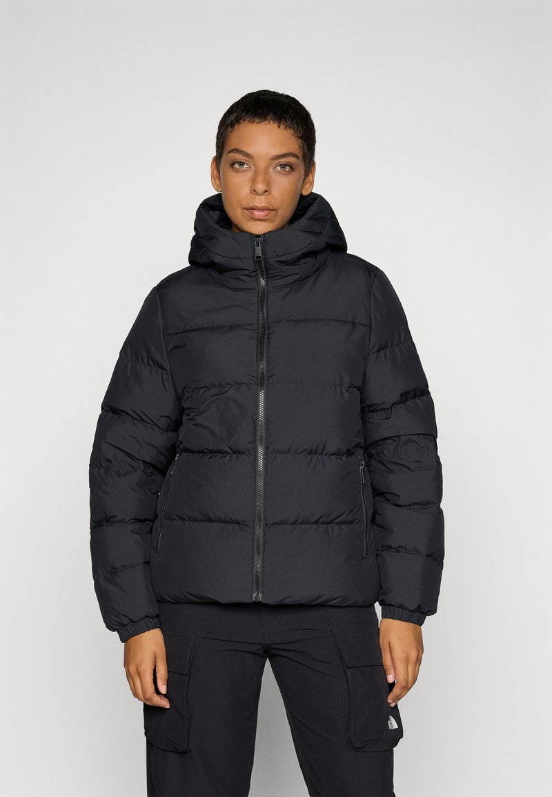 Black puffer jacket with a zip-up front, hood, and elastic cuffs. Features quilted sections for insulation and a smooth outer texture.