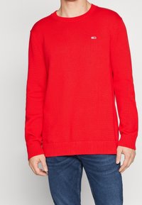 Roter gestrickter Pullover mit Rundhalsausschnitt, gerippten Bündchen und Saum. Kleines Logo-Detail auf der Brust. Kombiniert mit blauen Jeans.