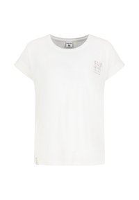White cotton T-shirt with short sleeves, rounded neckline, and printed "SUB LEVEL" text in pale pink on the upper left side.