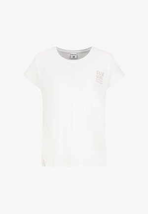 Weißes Baumwoll-T-Shirt mit kurzen Ärmeln, rundem Halsausschnitt und aufgedrucktem Text "SUB LEVEL" in hellrosa auf der oberen linken Seite.