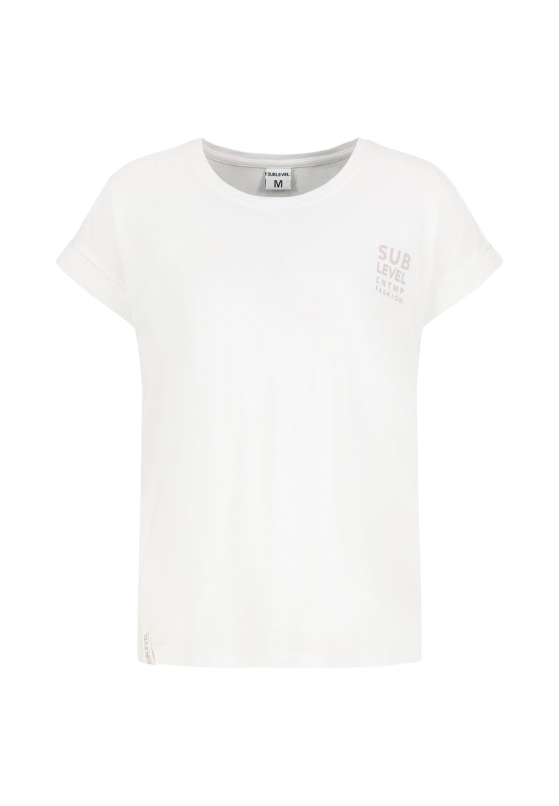 White cotton T-shirt with short sleeves, rounded neckline, and printed "SUB LEVEL" text in pale pink on the upper left side.