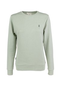 Hellgrüner Sweatshirt aus weichem Material mit Rundhalsausschnitt, langen Ärmeln und einem kleinen Baum-Emblem auf der Brust.