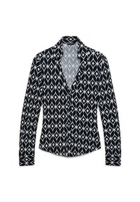 Schwarz-weiße Bluse mit geometrischem Rautenmuster, langen Ärmeln, Reverskragen und Knopfverschluss vorne.