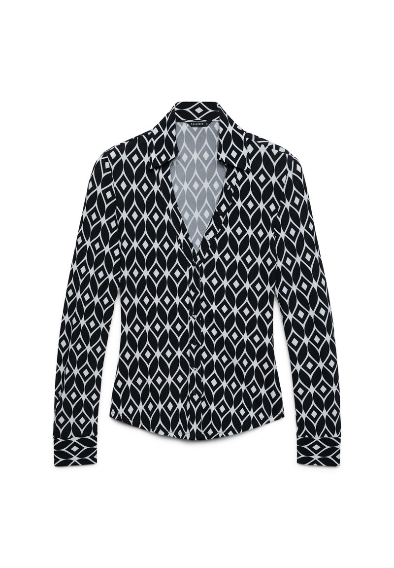 Schwarz-weiße Bluse mit geometrischem Rautenmuster, langen Ärmeln, Reverskragen und Knopfverschluss vorne.