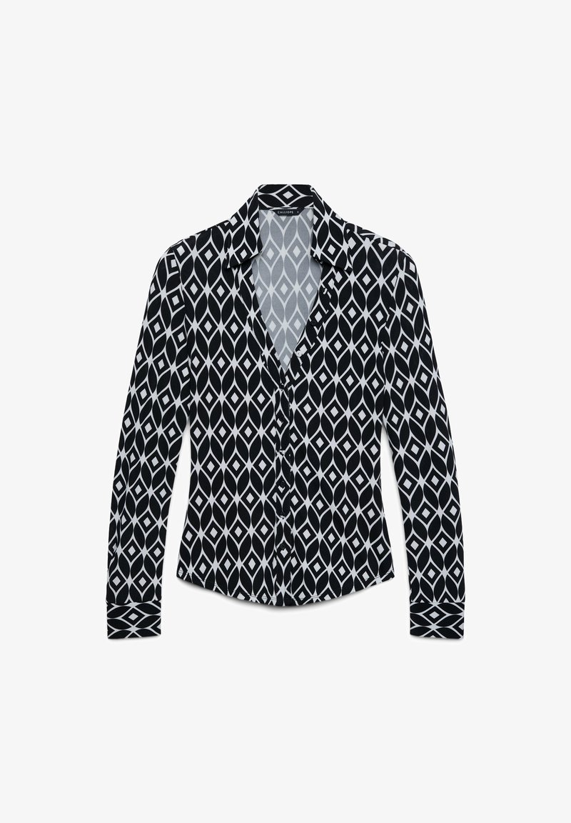 Schwarz-weiße Bluse mit geometrischem Rautenmuster, langen Ärmeln, Reverskragen und Knopfverschluss vorne.