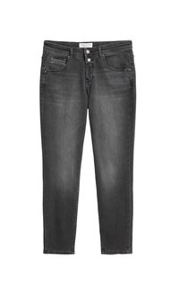 Dunkelgraue Jeans aus Denim mit geradem Bein, traditionellem Fünf-Taschen-Design und einem klassischen Knopf- und Reißverschluss.