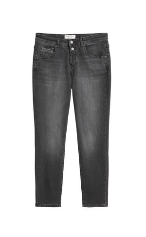 Jeans en denim gris foncé avec une coupe droite, un style traditionnel à cinq poches et une fermeture classique à bouton et zip.